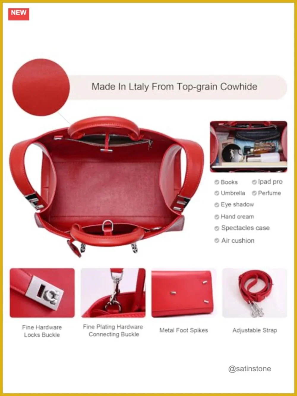 Handmade Italian Leather Tote Crossbody Bag Adjustable Strap